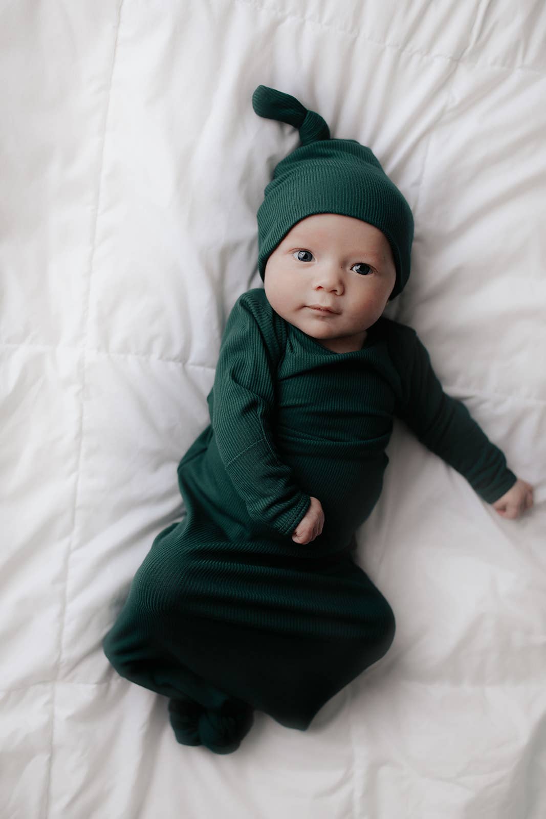 Forest Green Ribbed Knotted Newborn Baby Gown Sleepwear: Gown & Bow
