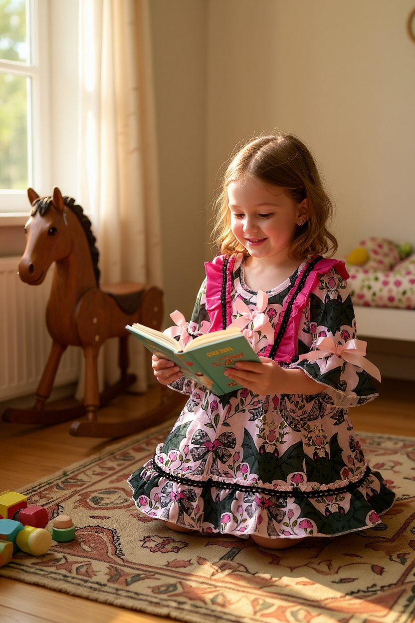 Bat multi printed girls ruffle hem dress. GLD062102-Jean: 6-12 months