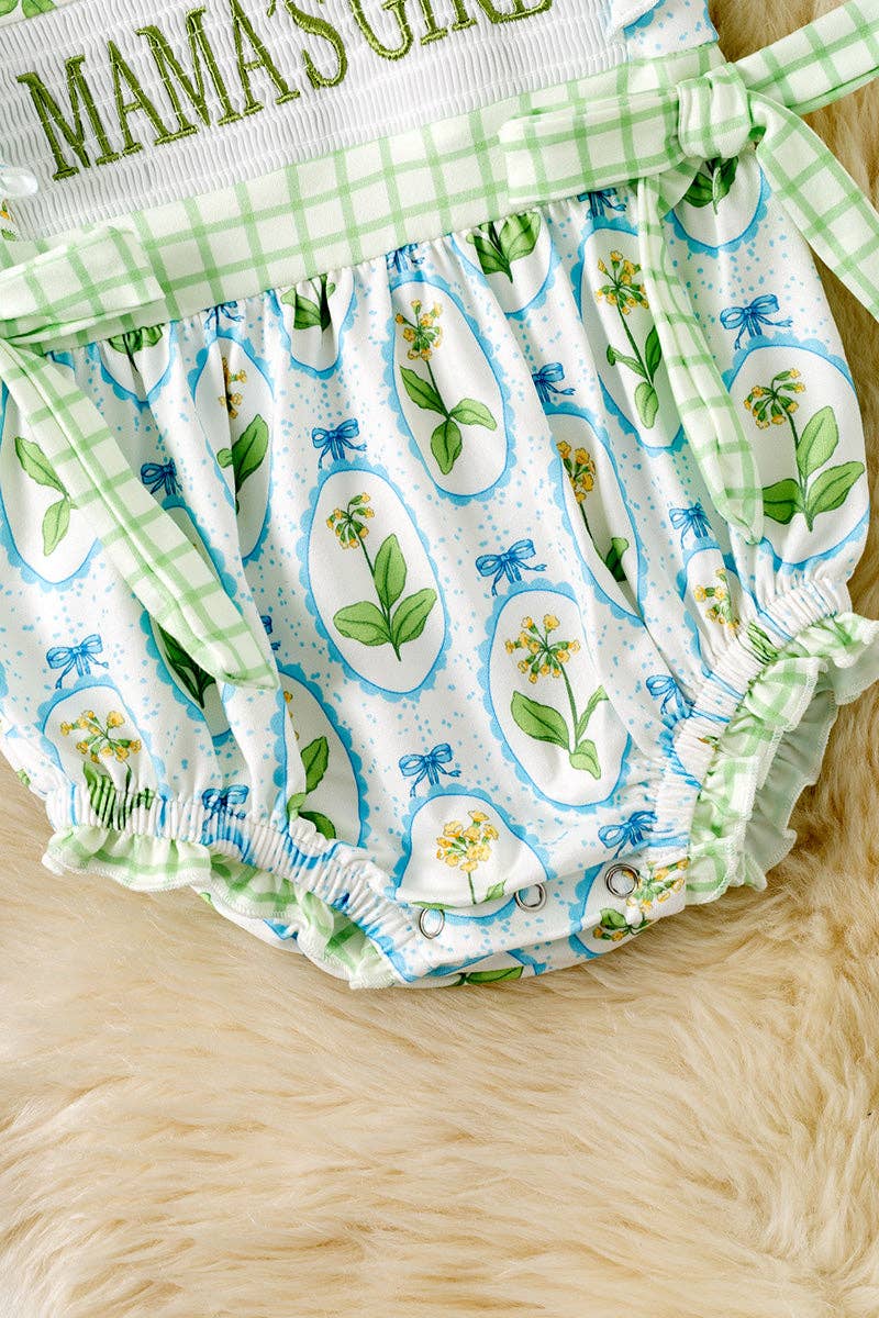 Mama's Girl" green floral multi printed baby romper. RPG60264 AMY: 3-6 months