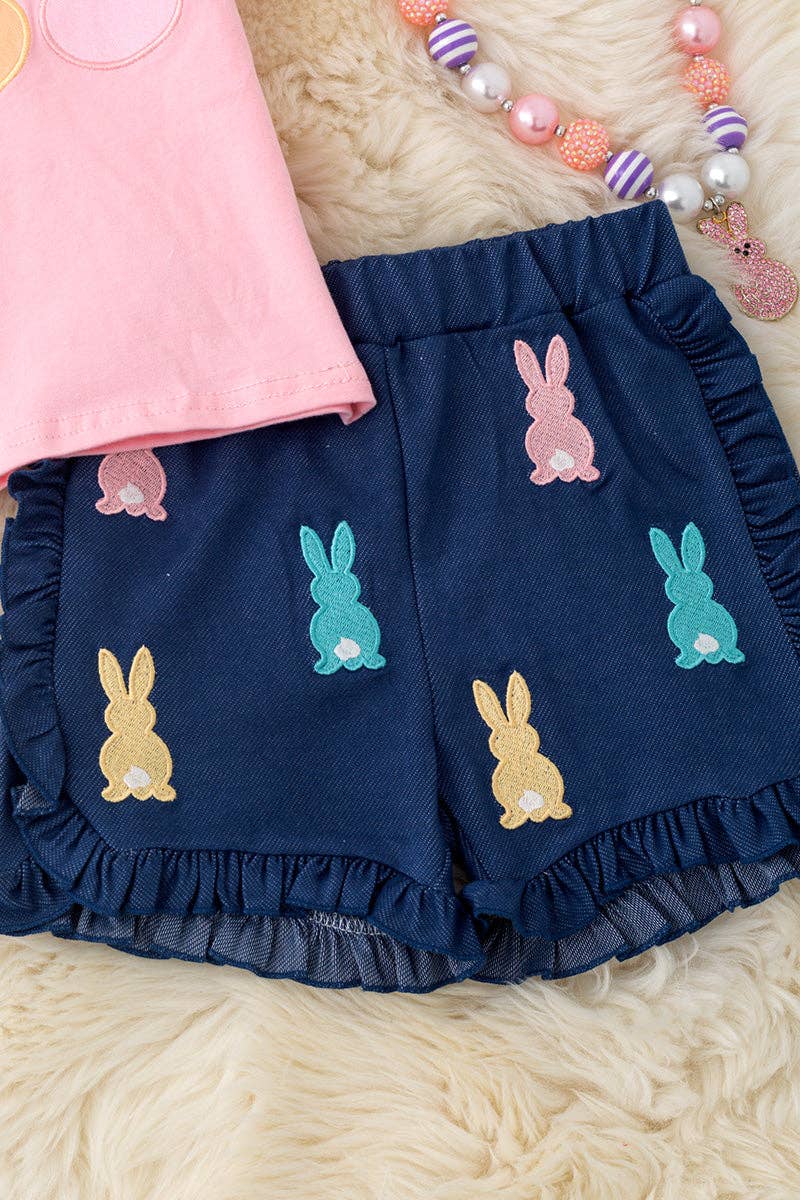 🌸 Peep applique bubble sleeve top & dark blue ruffle shorts.  OFG50166 AMY: XS