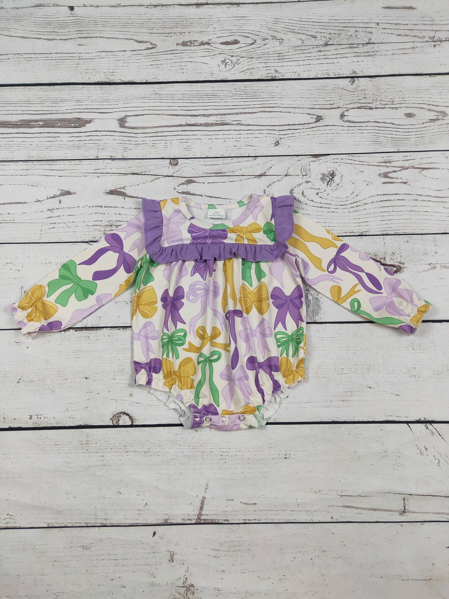 Purple Ruffle Bow Printed Mardi Gras Baby Bubble: 12-18M