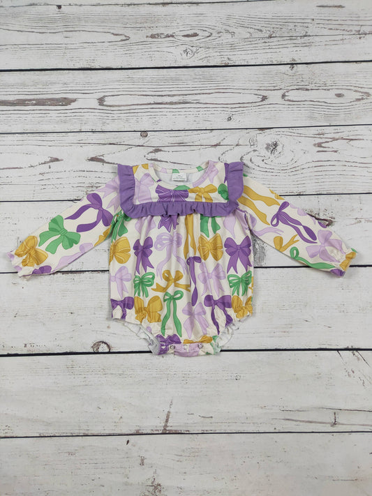 Purple Ruffle Bow Printed Mardi Gras Baby Bubble: 12-18M