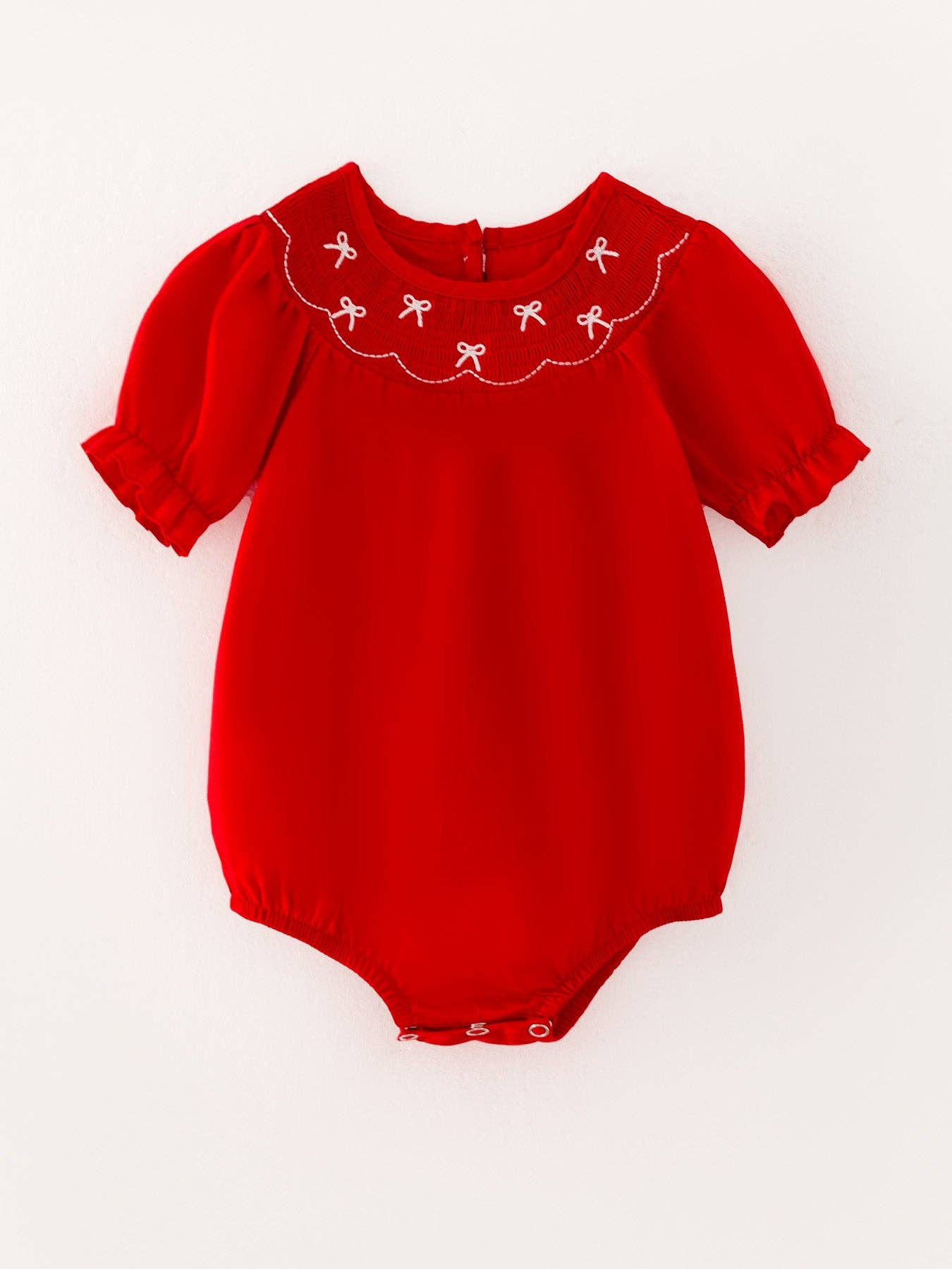 Girls Bow Smocking Embroidered Red Romper: 6M