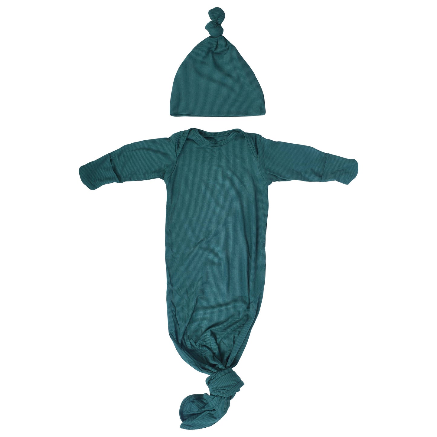 Forest Green Ribbed Knotted Newborn Baby Gown Sleepwear: Gown & Hat
