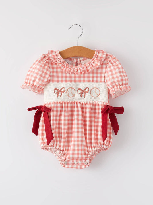 Girls Baseball Bow Smocking Embroidery Plaid Romper: 18M
