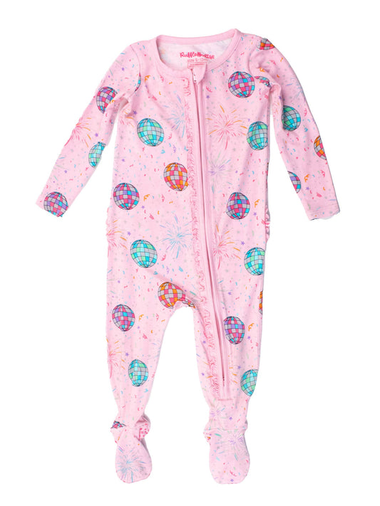 Baby Girls Pink Happy New Year Bamboo Viscose Footed Ruffle One Piece Pajama: Pink / Newborn