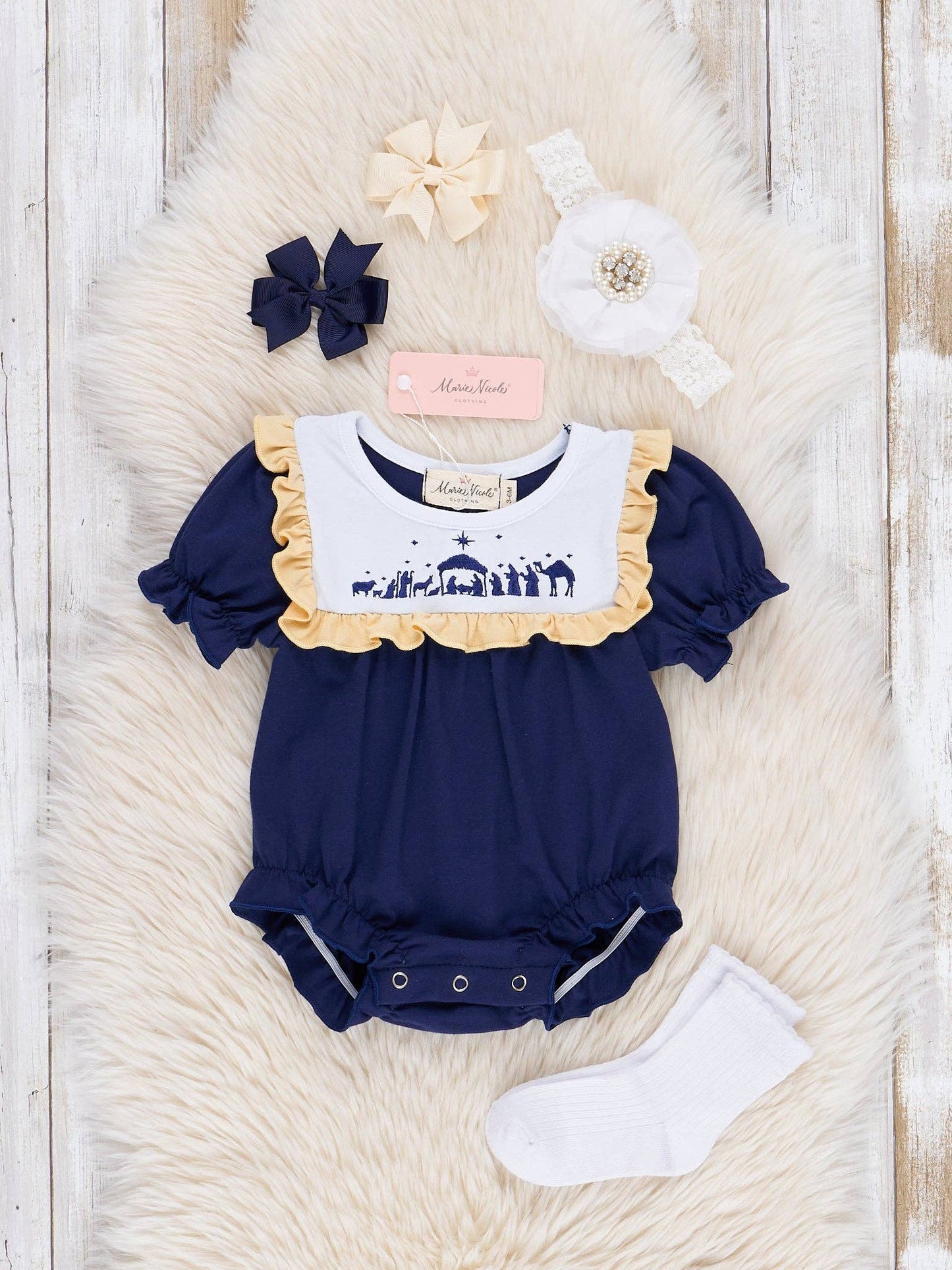 Navy & Yellow Embroidered Nativity Ruffle Bubble: 12/18MOS