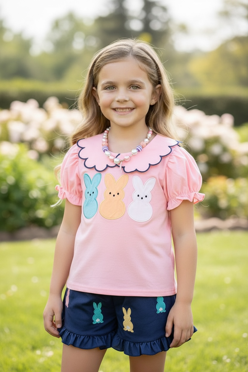 🌸 Peep applique bubble sleeve top & dark blue ruffle shorts.  OFG50166 AMY: XS