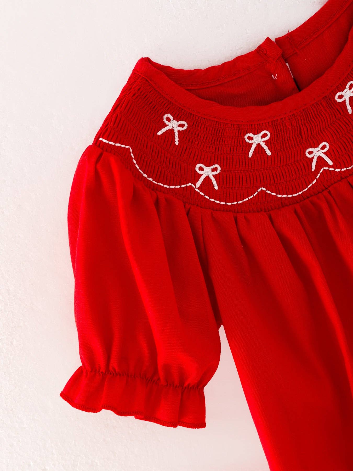 Girls Bow Smocking Embroidered Red Romper: 6M