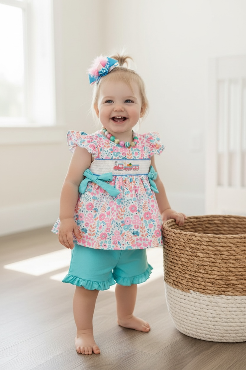 🌸Pastel floral smocked girls set. OFG20114009 AMY: XL