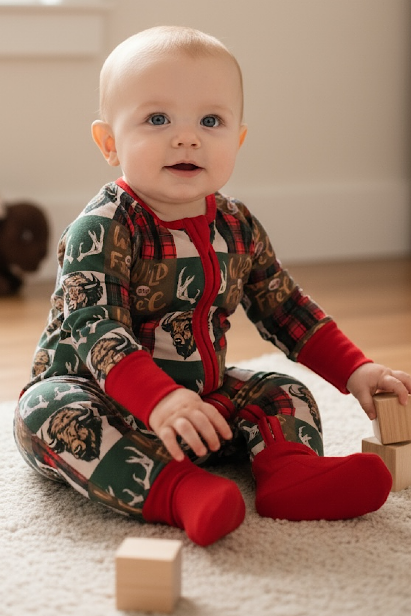 Wild & free Bison printed baby onesie with fold over footie and hands. LR073004 SOL: 12-18M