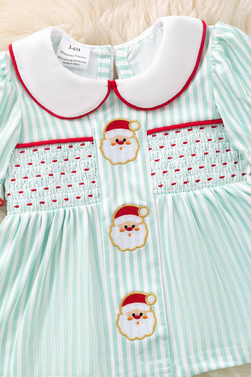 Mint & white stripe santa smock baby set. OFG51669 AMY: 18-24 months