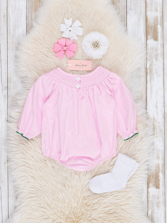 Pink Smocked Holiday Berries Cotton Bubble: 3/6MOS