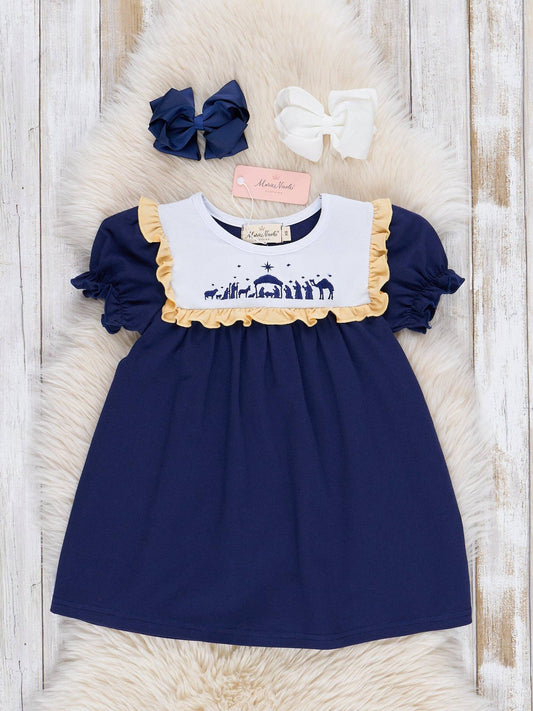 Navy & Yellow Embroidered Nativity Ruffle Dress: S(2yrs)