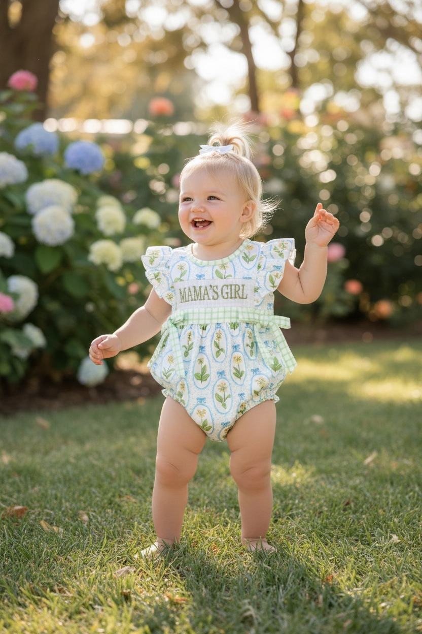 Mama's Girl" green floral multi printed baby romper. RPG60264 AMY: 3-6 months