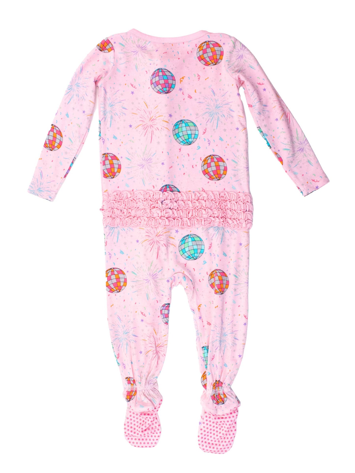 Baby Girls Pink Happy New Year Bamboo Viscose Footed Ruffle One Piece Pajama: Pink / 6-12m