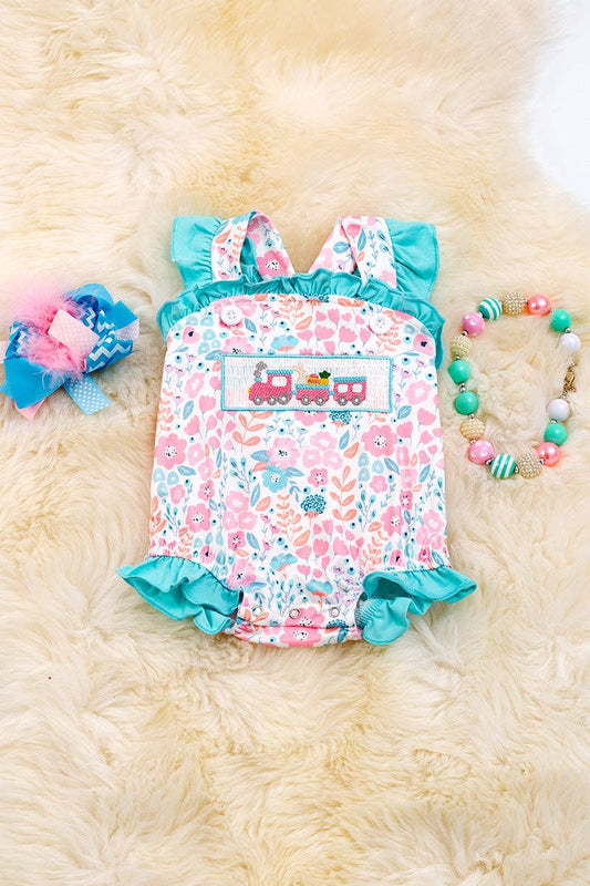 🎟️Pastel floral with aqua trim baby onesie. RPG20114009 JEAN: 0-3M
