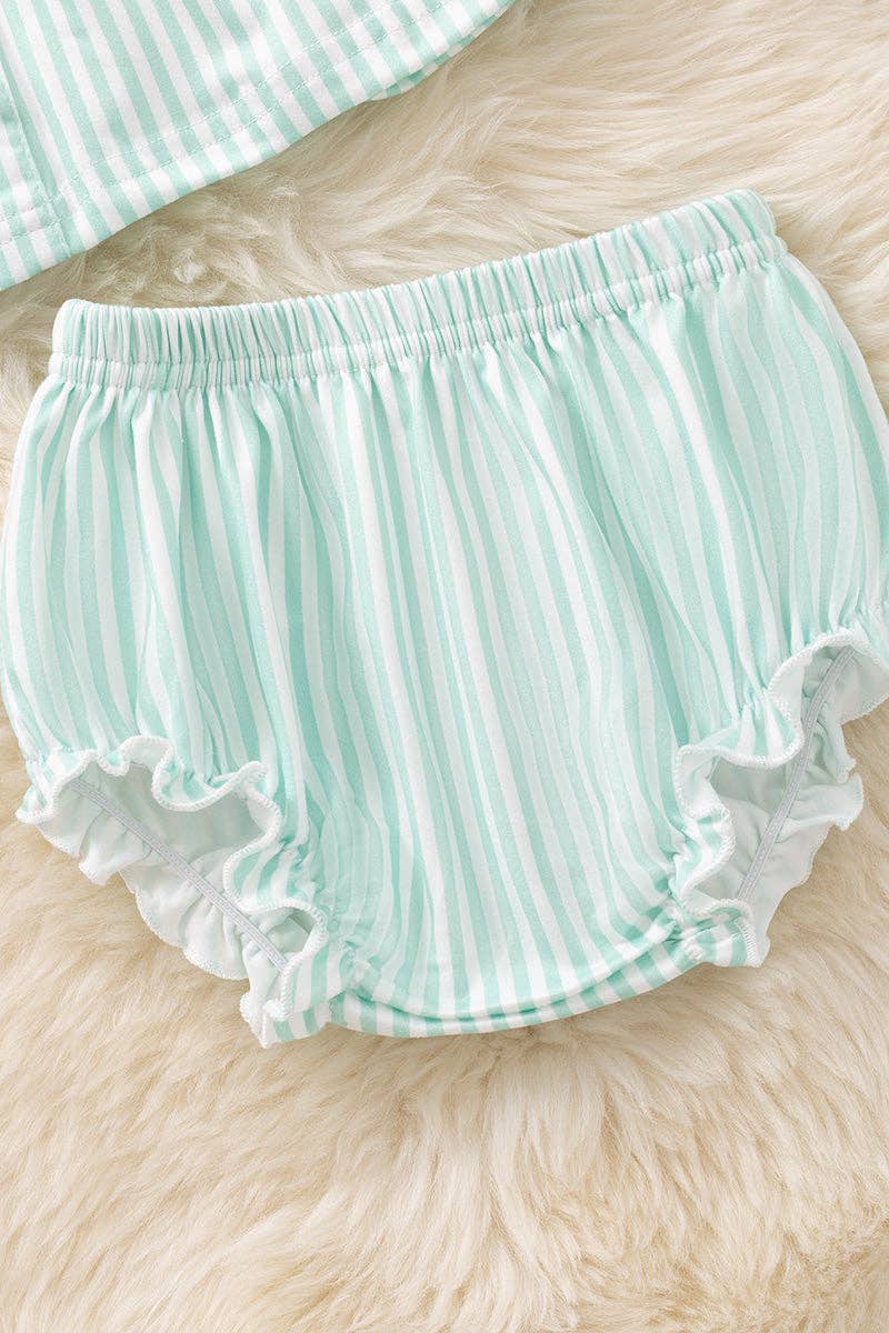 Mint & white stripe santa smock baby set. OFG51669 AMY: 18-24 months