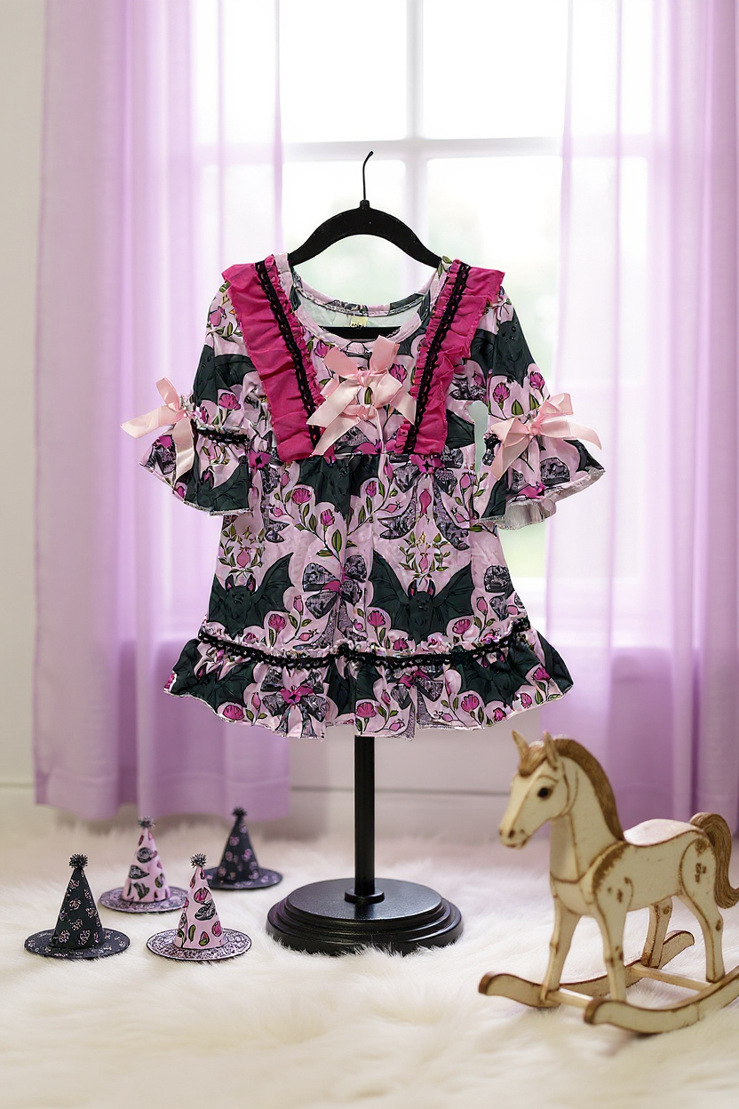 Bat multi printed girls ruffle hem dress. GLD062102-Jean: 6-12 months