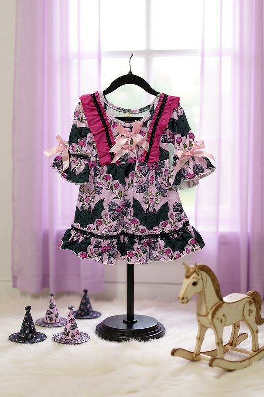 Bat multi printed girls ruffle hem dress. GLD062102-Jean: 6-12 months