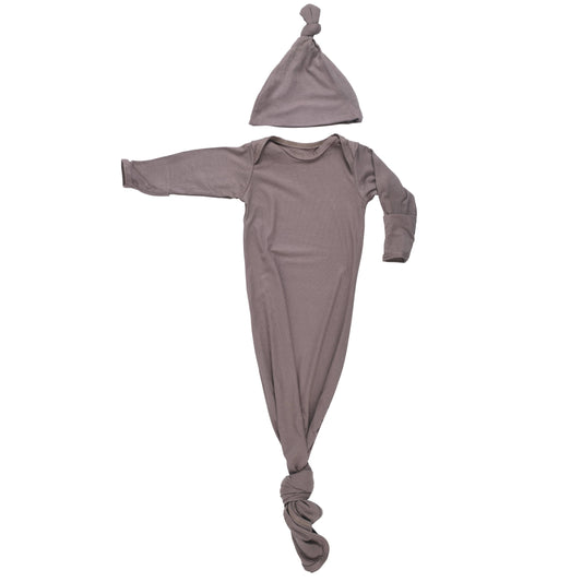 Cocoa Brown Ribbed Knotted Newborn Baby Gown sleepwear: Gown & Hat