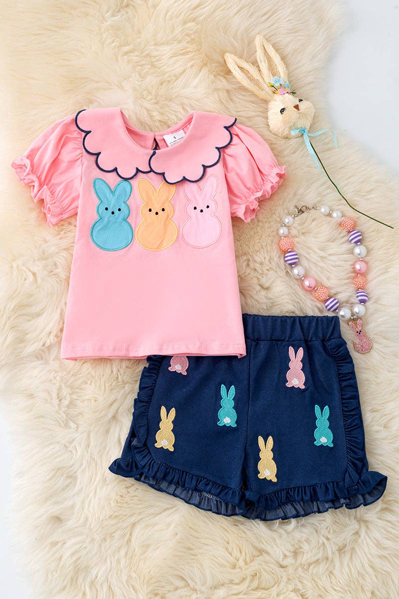 🌸 Peep applique bubble sleeve top & dark blue ruffle shorts.  OFG50166 AMY: XS