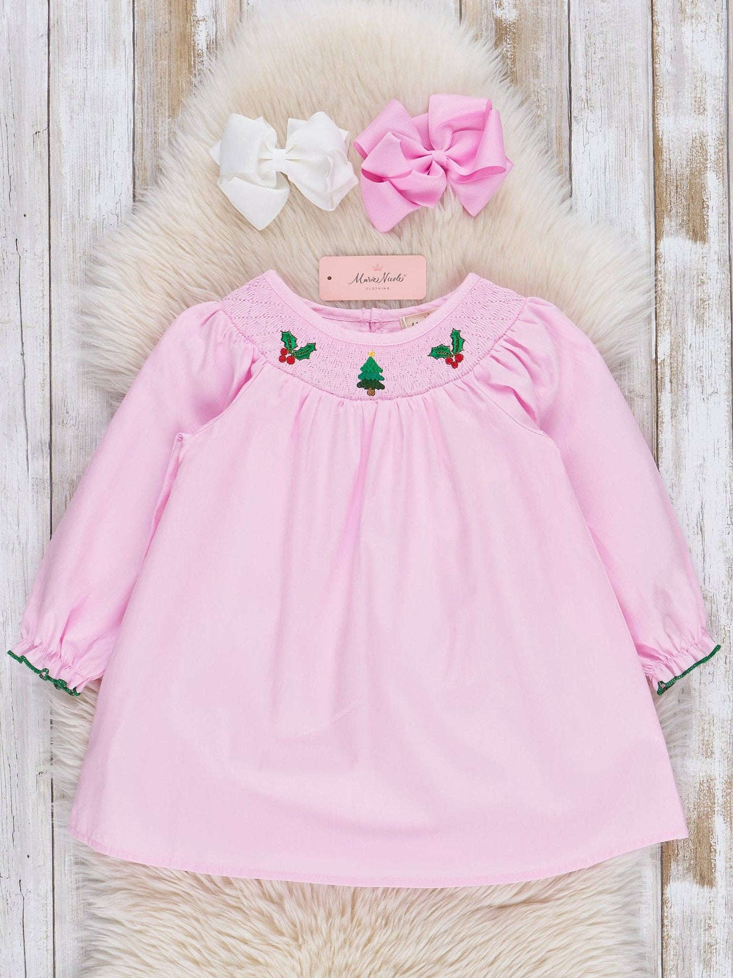 Pink Smocked Holiday Berries Cotton Dress: XXXS(6/12mos)