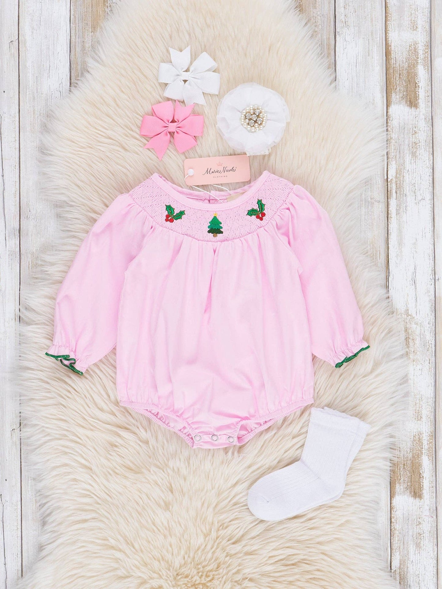 Pink Smocked Holiday Berries Cotton Bubble: 3/6MOS