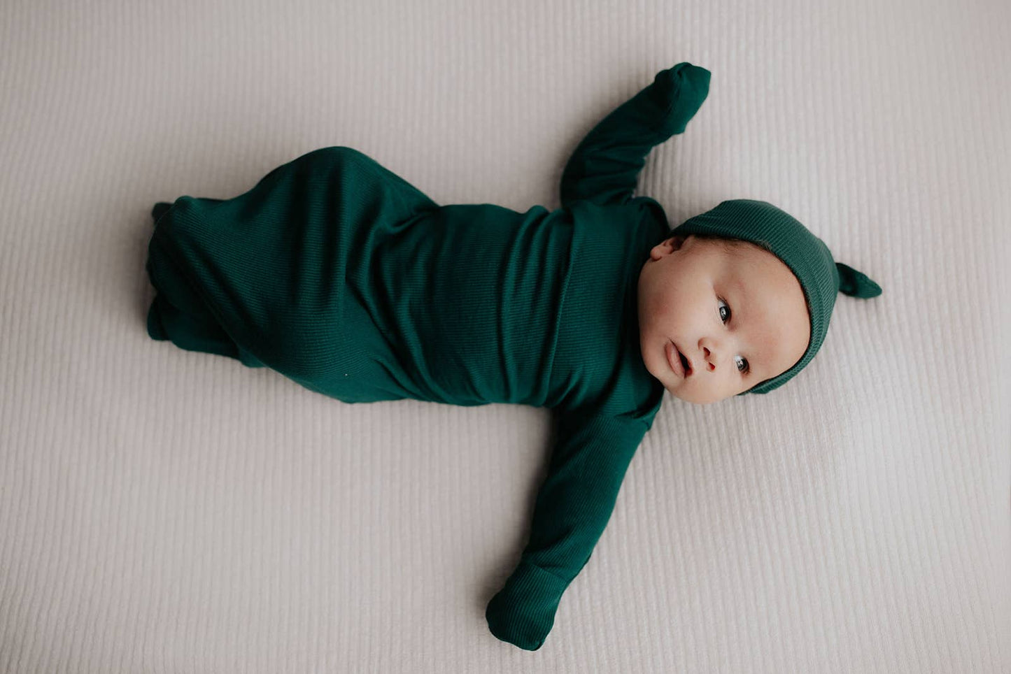Forest Green Ribbed Knotted Newborn Baby Gown Sleepwear: Gown & Bow