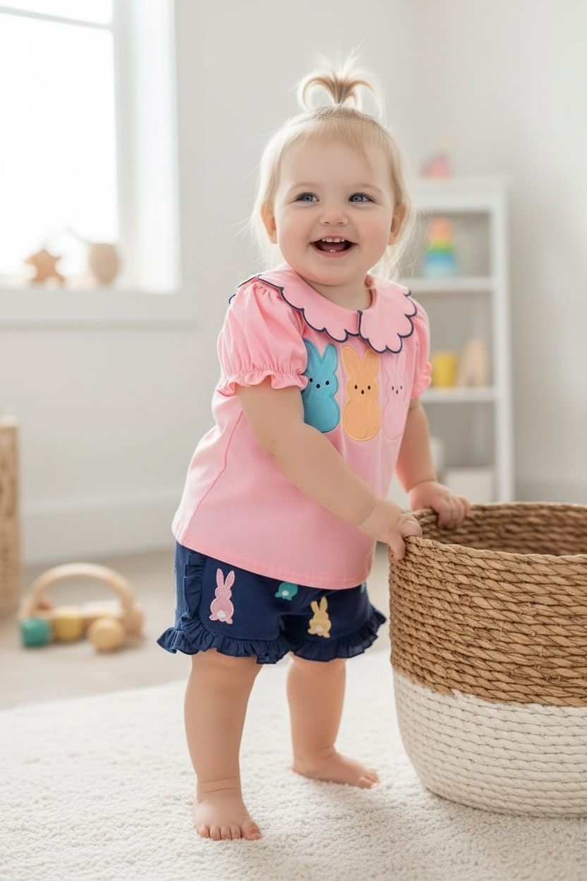 🌸 Peep applique bubble sleeve top & dark blue ruffle shorts.  OFG50166 AMY: XS