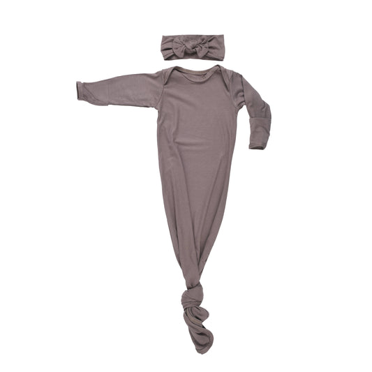 Cocoa Brown Ribbed Knotted Newborn Baby Gown sleepwear: Gown & Bow