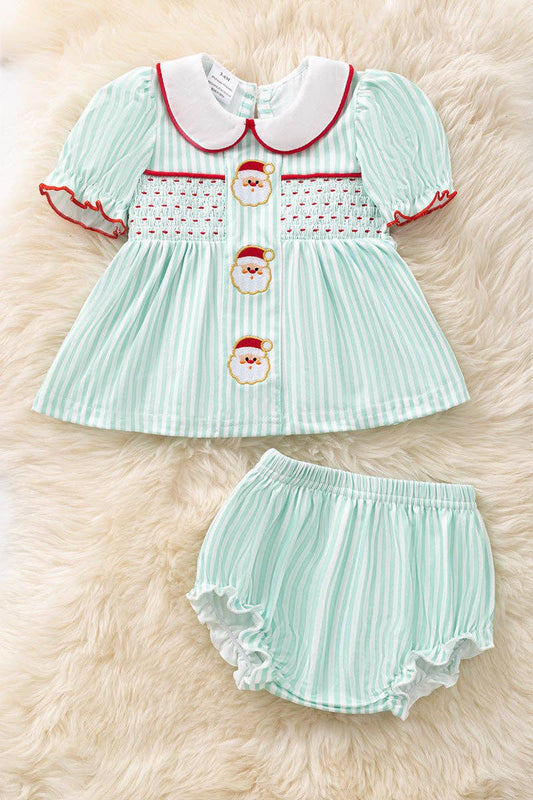 Mint & white stripe santa smock baby set. OFG51669 AMY: 6-12 months