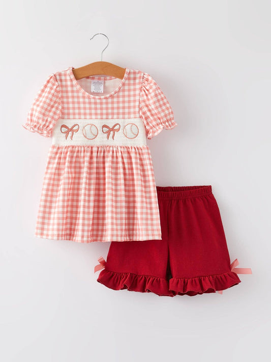 Girls Cotton Baseball Bow Smocking Embroidery Plaid Set: 4